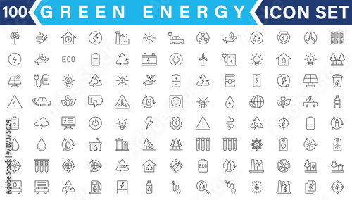 Ecology and Green Energy Power Line Outline Icon Set. Pixel Perfect Editable Stroke