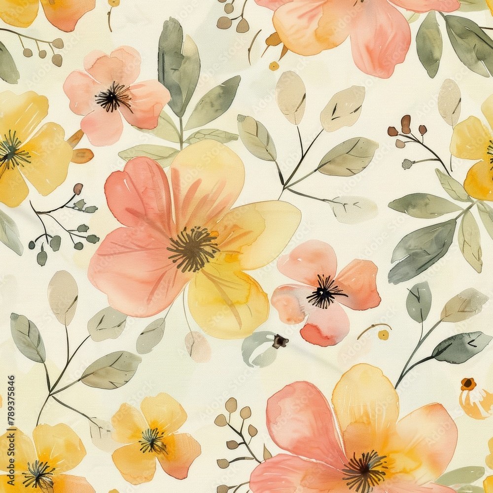 Floral Bloom Delicate floral motifs painted in watercolors, featuring soft pinks and yellows with hints of green,