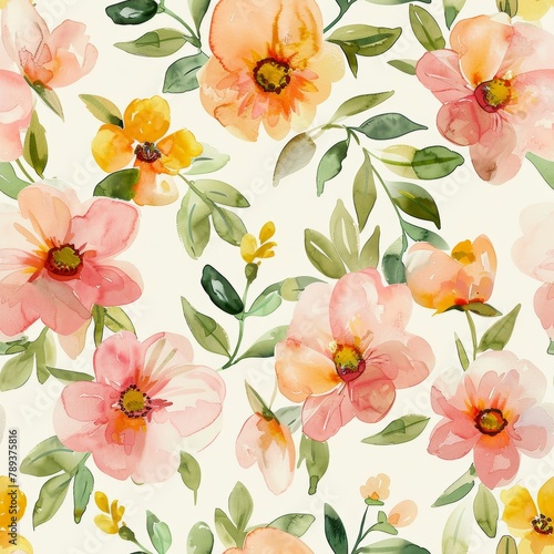 Floral Bloom Delicate floral motifs painted in watercolors, featuring soft pinks and yellows with hints of green,