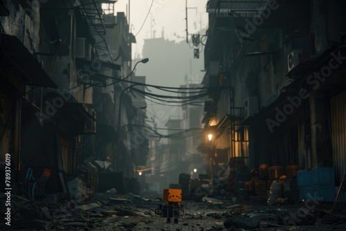 A small robot explores an abandoned city alley lit by sparse street lamps under evening skies