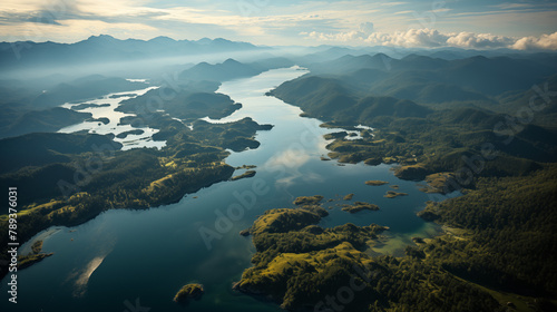 Aerial view of tropical watershed with mountains in the background and a gentle tide. photo
