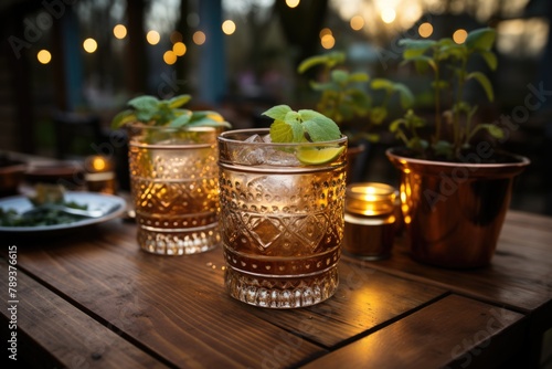 Moscow mule in an outdoor bar with fairy lights between the trees., generative IA