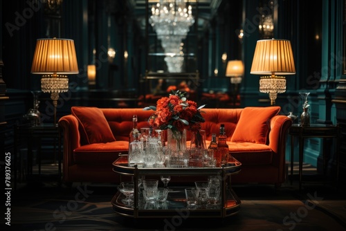 Negroni in an Art Deco lounge with crystal chandeliers and elegant decoration., generative IA photo
