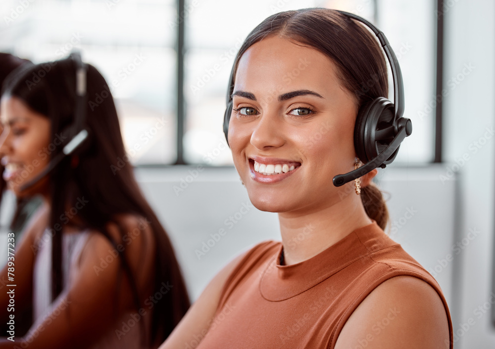 Call center, portrait and woman in coworking office for faq, about us or b2b networking. Telemarketing, outsourcing or virtual assistant team with loan, advice and crm, support and customer service Call center, portrait and woman in coworking office for faq, about us or b2b networking. Telemarketing, outsourcing or virtual assistant team with loan, advice and crm, support and customer service