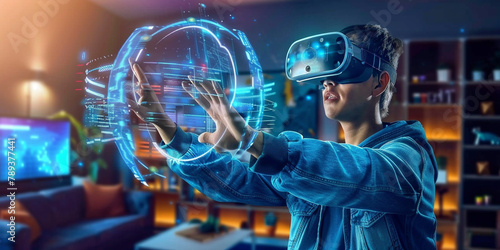 A young man wearing VR glasses, touching the air with her fingers and surrounded by glowing data points in virtual reality space in living room.
