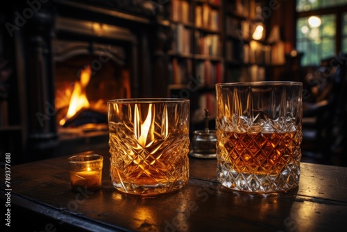 Whiskey Smash in a cozy pub with crackling fireplace and whiskey bookshelves., generative IA