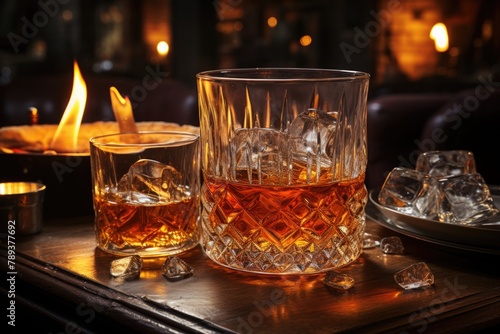 Whiskey Smash in a cozy pub with crackling fireplace and whiskey bookshelves., generative IA