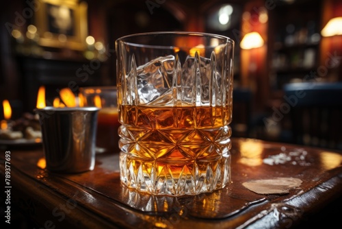 Whiskey Smash in a cozy pub with crackling fireplace and whiskey bookshelves.  generative IA