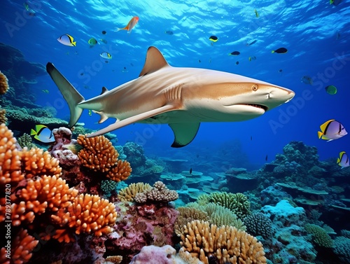 Coral reef with fish and shark in the Red Sea. Egypt