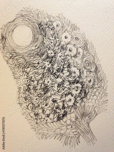 black and white hand drawing of a bouquet of flowers with a Sun 