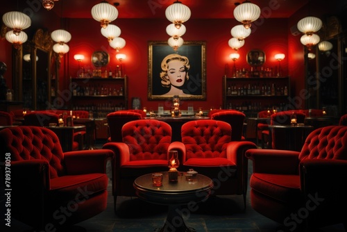 White Russian in a retro movie bar with red velvet armchairs and old movies., generative IA