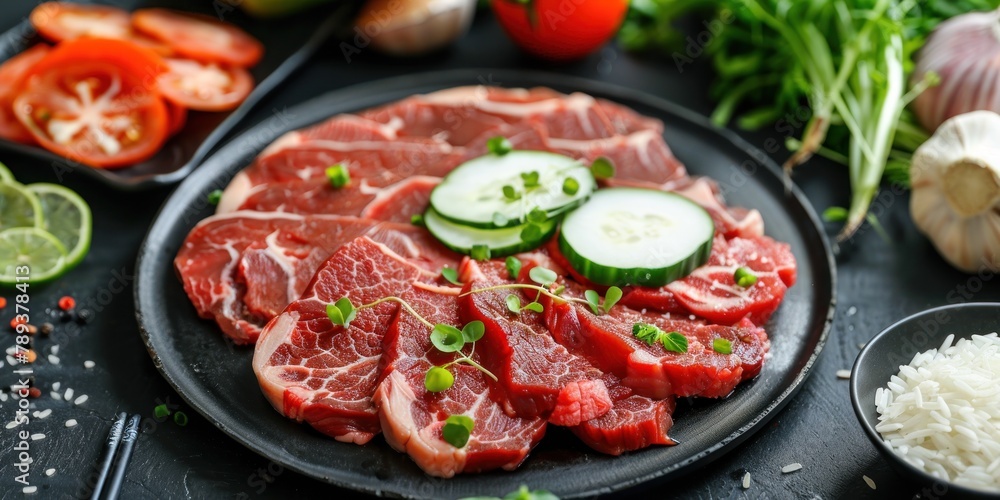 Fresh whole beef and a small amount of beef slices, some raw rice and many fresh vegetables Fresh whole beef and a small amount of beef slices, some raw rice and many fresh vegetables