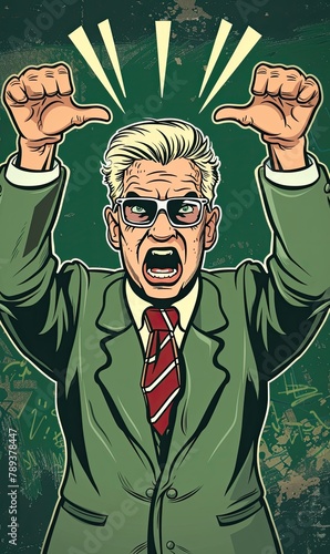 An animated image of a surprised man in a suit with his hands raised