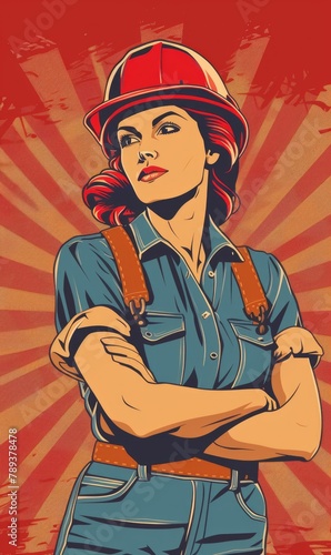 A stylized illustration of a confident woman in a hard hat