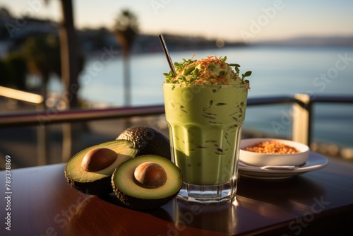 Creamy avocado juice in a seafront coffee with nets., generative IA photo