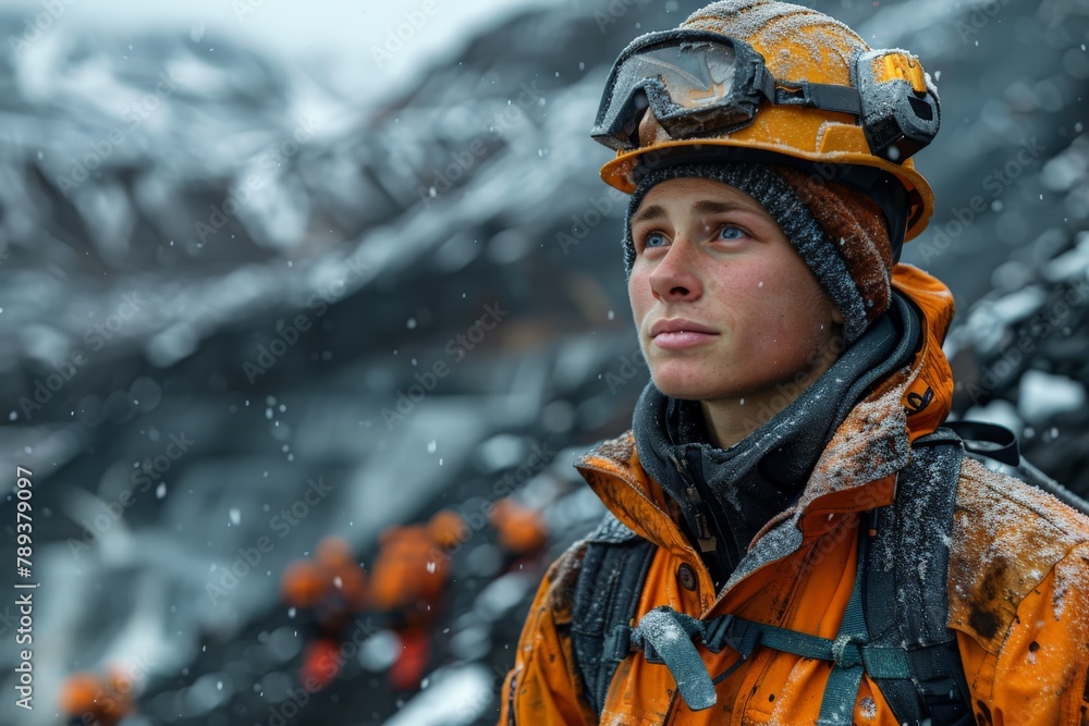 A close-up of a mountain climber with snowflakes, showcasing resilience and determination against a snowy backdrop A close-up of a mountain climber with snowflakes, showcasing resilience and determination against a snowy backdrop