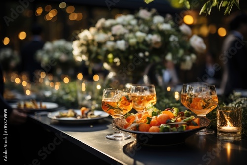 Rashing juice at an outdoor wedding party with elegantly decorated tables and fresh flowers., generative IA
