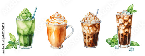 Set of watercolor illustrations of cold and hot coffee on a transparent background. Caramel cappuccino, mint latte, matcha latte and pumpkin latte. Beverage clipart for cards, poster, textile, menu. photo
