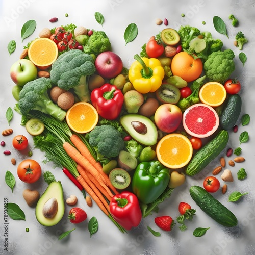 Fresh  Organic Vegetables and Fruits Arranged in a Heart Shape  Symbolizing Healthy Eating and Lifestyle  Perfect for Nutritionists  Dieticians  and Health Enthusiasts