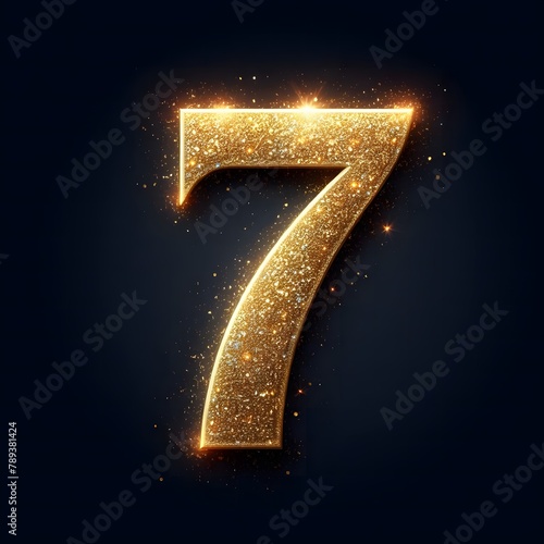 golden number 7, glittering digit on dark background, sparkling gold number seven, elegant and luxurious numeric design for anniversary, birthday or countdown photo