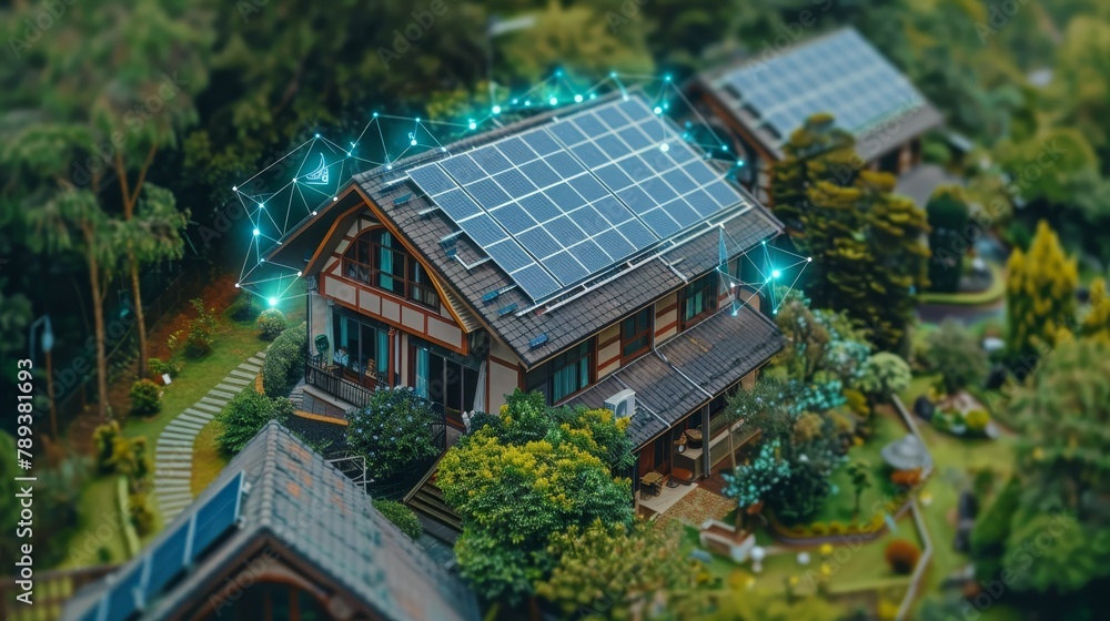 A house with solar panels on the roof and a garden in front. The house is surrounded by trees and bushes A house with solar panels on the roof and a garden in front. The house is surrounded by trees and bushes