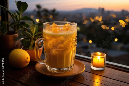 Mango juice on a terrace overlooking the agitated night town and enlightened skyscrapers., generative IA
