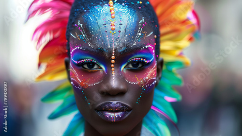 Black woman wearing colourful detailed carnival makeup and feather hairpiece at summer pride festival event. African american female drag queen carnival dancer performer. Rainbow colours, pride month photo