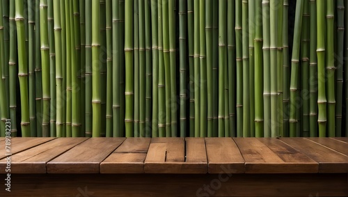 Wooden table with green bamboo fence background. Product showcase concept. Ai generative.
