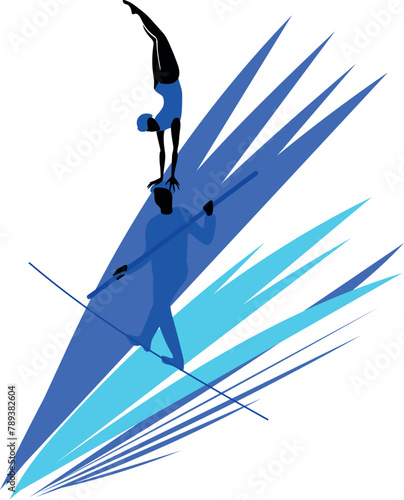 Silhouette of ropewalker on rope. Circus artists on a blue background