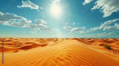 A desert landscape with a bright sun shining down on the sand. The sky is mostly clear with a few clouds scattered throughout. Scene is peaceful and serene, with the vast expanse of sand