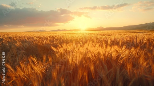 A field of golden wheat with a sun in the sky. The sun is setting and the sky is filled with clouds