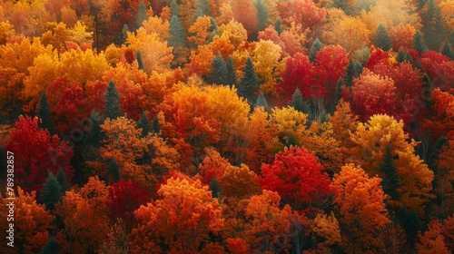 A forest full of trees with leaves that are orange and red. The trees are in various stages of maturity, with some still green and others fully ripe. Scene is warm and inviting