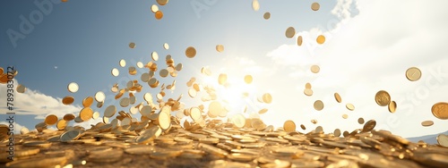 Shower of Golden Coins with Sunlight and Cloudy Sky.