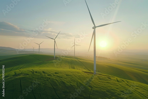 aerial view of wind turbines for electricity production at sunset in a green field with wheat fields. the aesthetics of nature and modern technology. wind power plants on the horizon