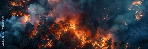 A raging fire in the forest highlights ecological problems as the fiery wrath of nature ignites an explosion of heat and smoke, engulfing the tranquil forest in a volcanic inferno.