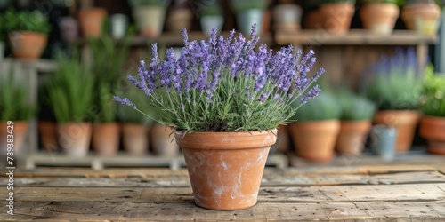 Fragrant lavender plant in a red clay pot in a store. Generative AI