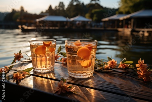 Peach juice in a lakeside coffee with rowing boats., generative IA