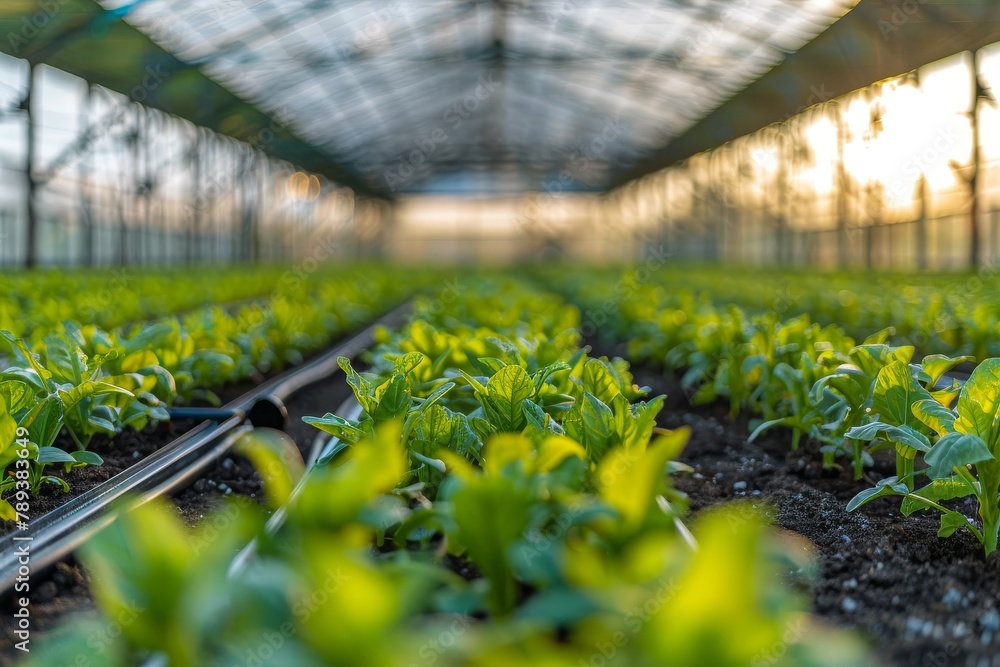 High-tech greenhouse with smart irrigation and temperature control systems, clean sky background for text High-tech greenhouse with smart irrigation and temperature control systems, clean sky background for text