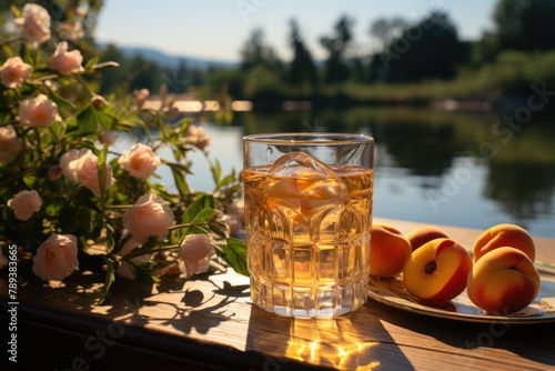 Peach juice in a picnic on the edge of a calm river., generative IA