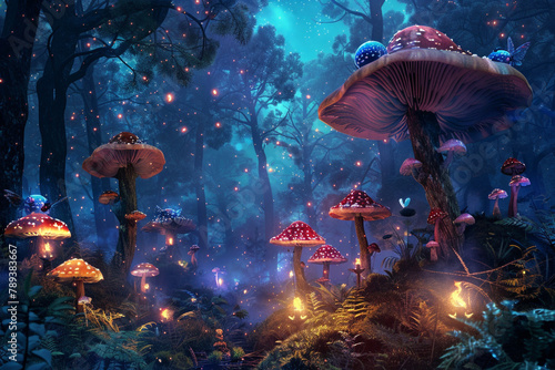 A dense enchanted forest with colorful mushrooms and mystical fairies in a starlit night 