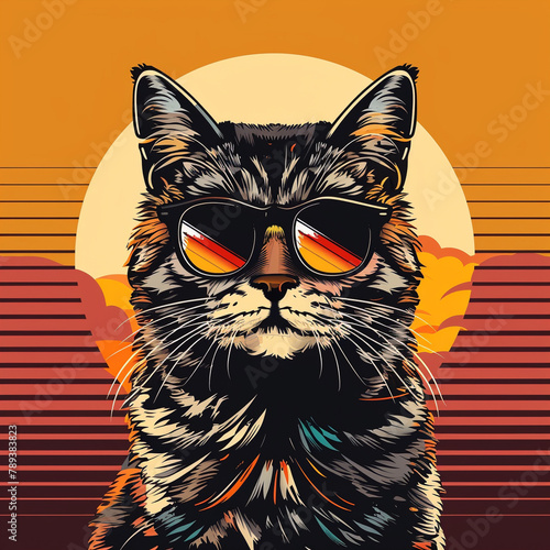 Illustration of a fashionista cat wearing sunglasses. Image made by artificial intelligence.  © marcianelsis