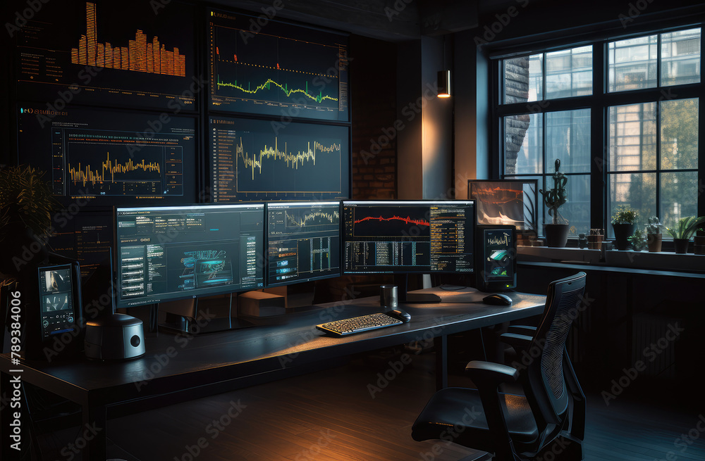 High-Tech Trading Desk with Multiple Financial Charts High-Tech Trading Desk with Multiple Financial Charts