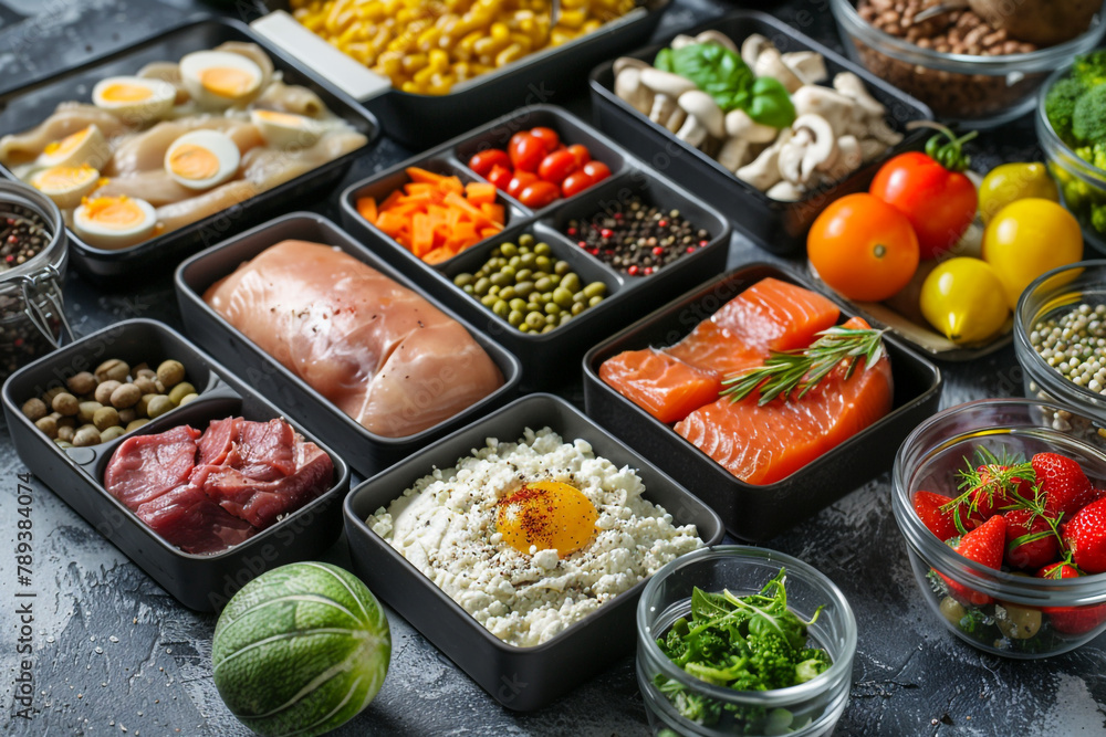 A detailed meal planning setup for bodybuilding and training, showcasing low-fat, high-protein dishes, complete with hydration and nutrient information, supporting energy and recovery Created