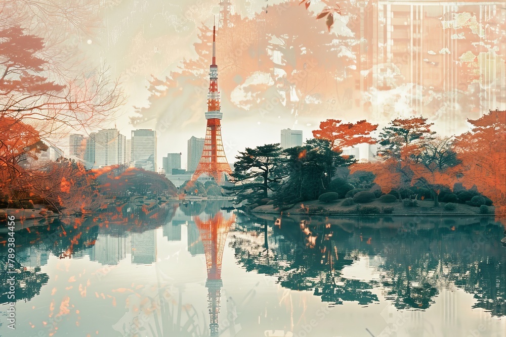 Autumnal Double Exposure of Tokyo Tower and Park