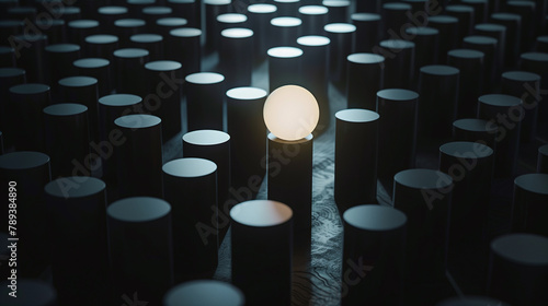 Glowing Sphere Among Dark Cylindrical Shapes in Moody Illumination