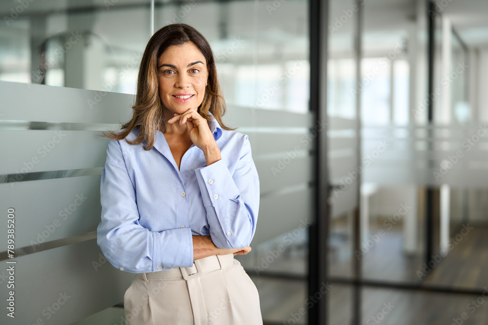 Middle aged business woman attorney, smiling 45 years old lady entrepreneur, mature female professional executive, bank manager, corporate leader standing in office looking at camera, portrait. Middle aged business woman attorney, smiling 45 years old lady entrepreneur, mature female professional executive, bank manager, corporate leader standing in office looking at camera, portrait.