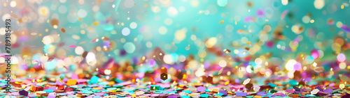 Colorful Confetti Particles Floating on Turquoise Background Abstract Celebration