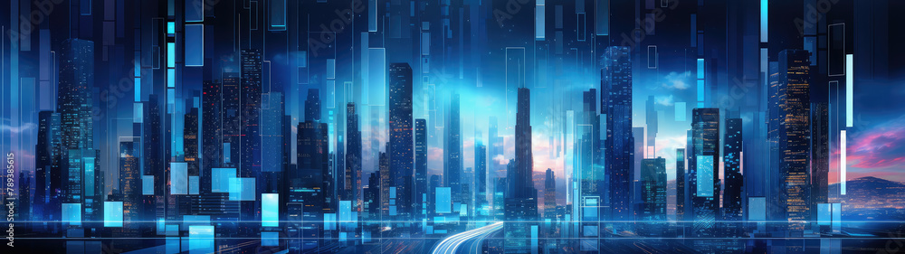 Panoramic Futuristic Cityscape with Vibrant Lights