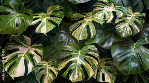 A lush collection of variegated Monstera deliciosa leaves with striking white and green patterns  a popular indoor tropical plant.