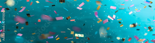 Colorful Confetti Particles Floating on Turquoise Background Abstract Celebration